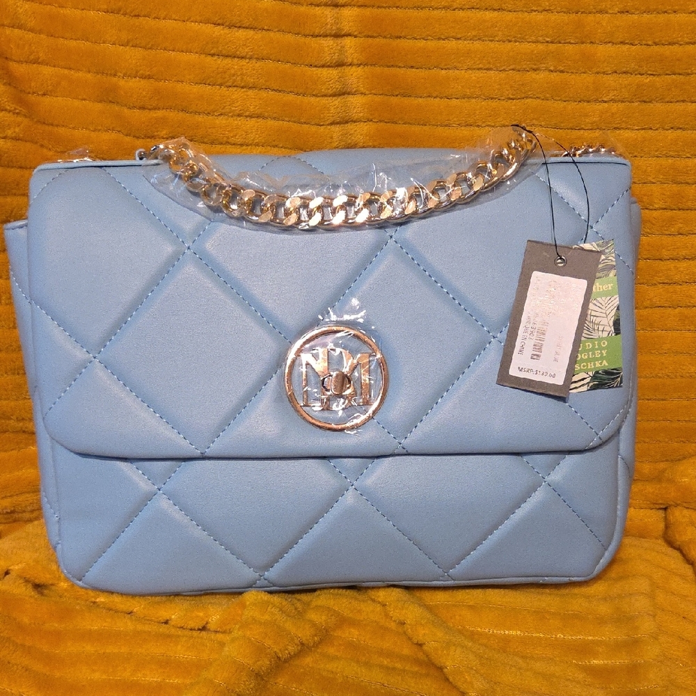 NY Collection Sky Blue Quilted Shoulder Bag with Silver Chain